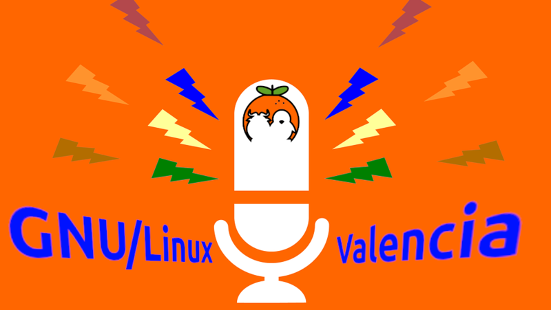 Logo GNU/Linux Valencia con un microfono