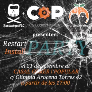 Cartel de una "restart party" e "install party" que se celebrará en el COiP, en València, el 21 de Septiembre de 2025. Calle Olimpia Arocena Torres 42, a las 17:00.