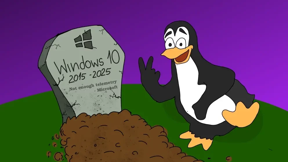 Tux (the Linux mascot) posing using the victory sign in front of the Windows 10 grave. On the grave, there's the old Windows 10 logo, the dates "2015-2025", and a quote "Not enough telemetry", by Microsoft. Tux is recreating a known meme from a superhero TV show behind-the-scenes photograph.
