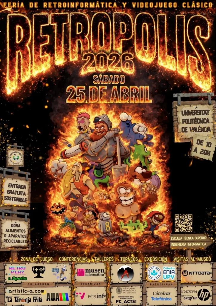 Cartell de Retrópolis 2026, fira de retroinformàtica i videojoc clàssic, que tindrà lloc el dissabte 25 d'abril, de 10 a 20 hores, a la Universitat Politècnica de València (Escola Tècnica Superior d'Enginyeria Informàtica). L'entrada és gratuïta i sostenible, amb crida a la donació d'aliments o aparells reciclables. L'esdeveniment inclou zona de joc, conferències, tallers, tornejos, exposició i visites al museu.